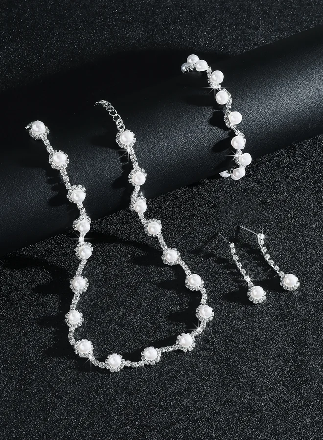 Take Two  Faux Pearl Rhinestone Necklace with Bracelet and Earrings et for Women | Best Price UAE