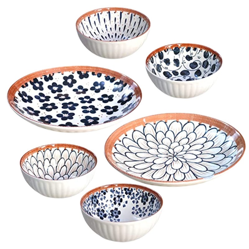 SHFTI Ceramic RiceBowls,Japanese StyleBowl Gift Set, Assorted Dinner Serving Ramen Bowls for Cereal,Soup,Dessert,Snack,Fruit,Salsa,Set of 6 (4Bowls, 2Plate) - Image 1