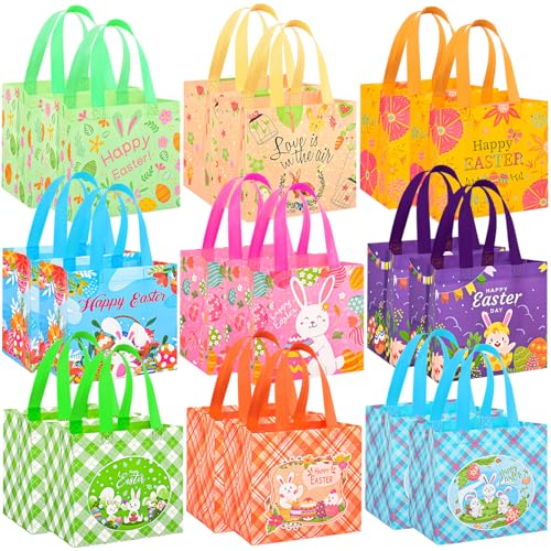 DECHISY 18Pack Easter Egg Hunt Bags, 8.3×7.9×6 inch Easter Bags with Handles,Bunny&Chick Egg Hunt Baskets for Kids, Adults, Party Supplies and Holiday Decor(Yellow) - Image 1