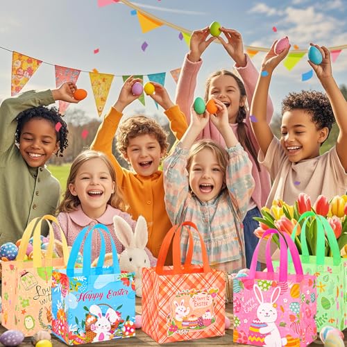 DECHISY 18Pack Easter Egg Hunt Bags, 8.3×7.9×6 inch Easter Bags with Handles,Bunny&Chick Egg Hunt Baskets for Kids, Adults, Party Supplies and Holiday Decor(Yellow) - Image 2