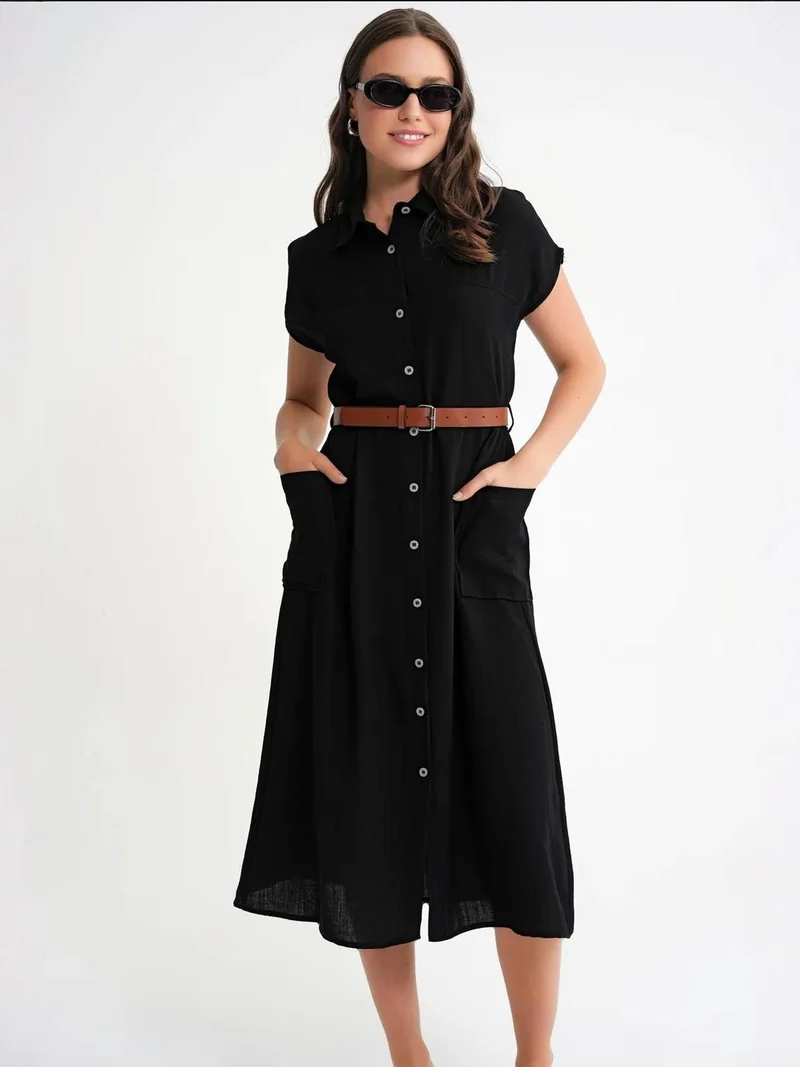MixRay Black Mixray Midi Dress with Belt Detail and Buttoned Collar for Women | Best Price UAE