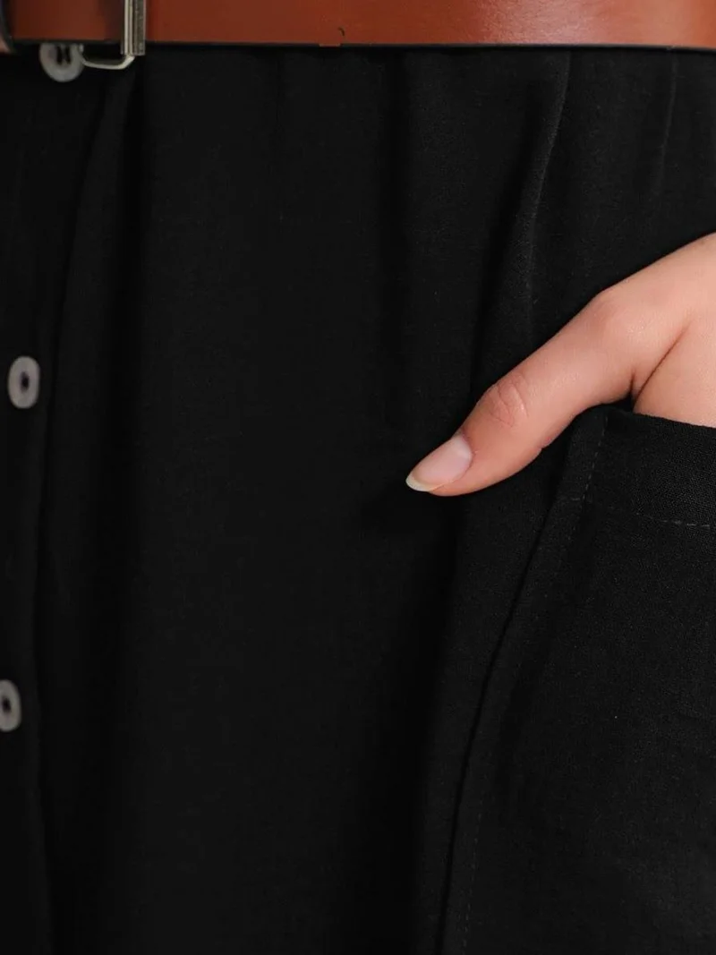 MixRay Black Mixray Midi Dress with Belt Detail and Buttoned Collar for Women | Best Price UAE