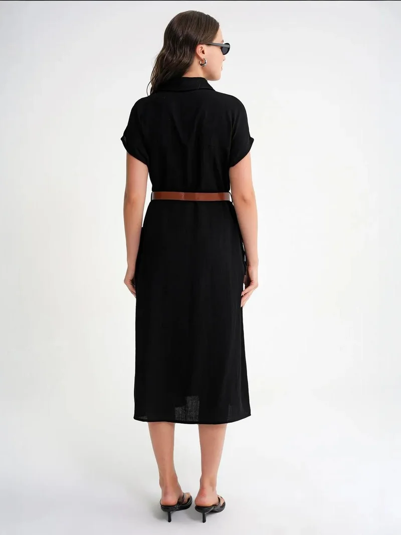 MixRay Black Mixray Midi Dress with Belt Detail and Buttoned Collar for Women | Best Price UAE
