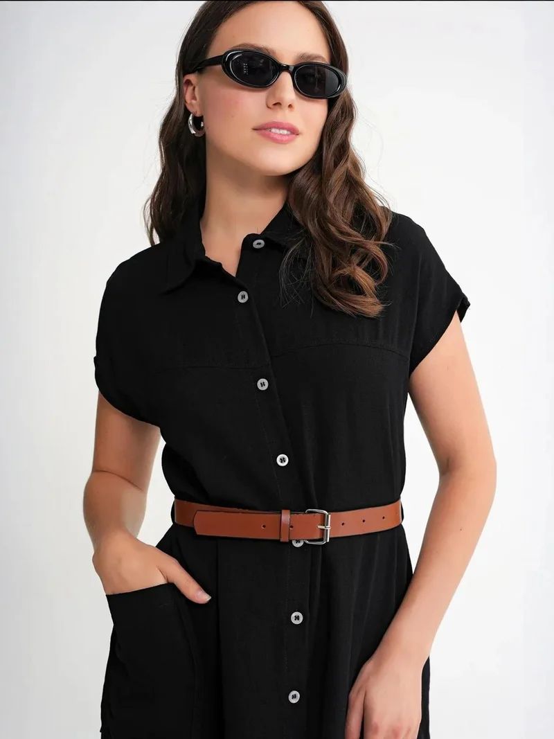 MixRay Black Mixray Midi Dress with Belt Detail and Buttoned Collar for Women | Best Price UAE
