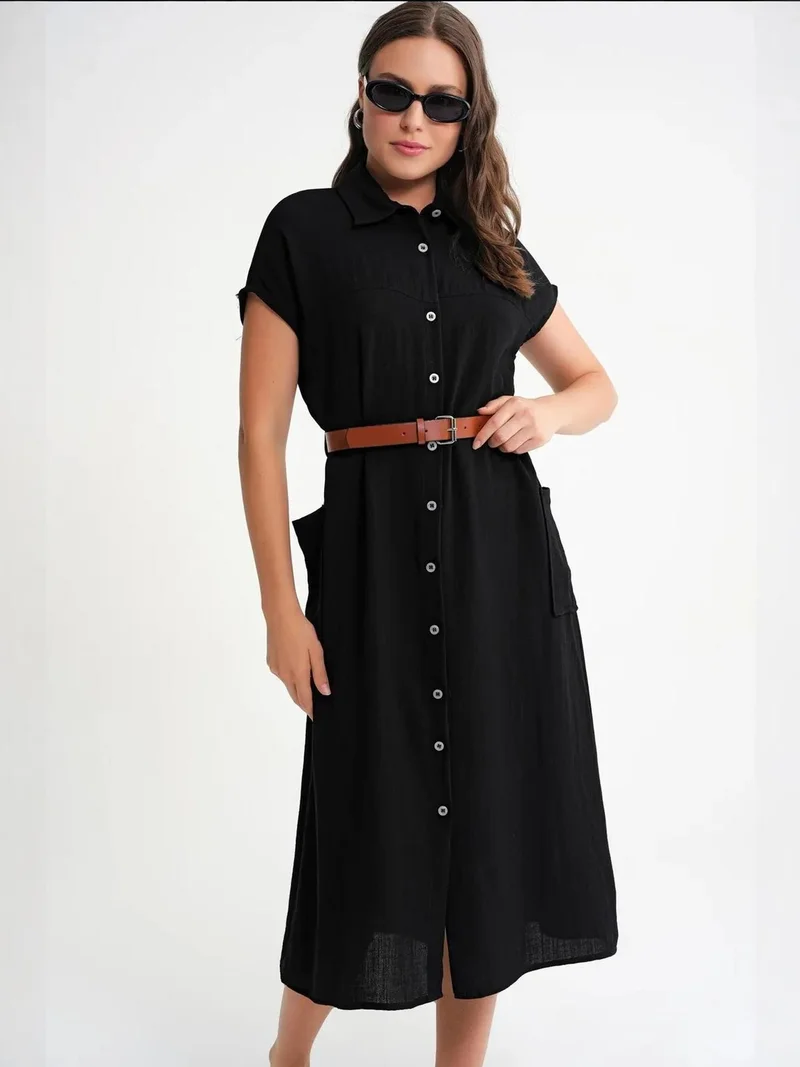 MixRay Black Mixray Midi Dress with Belt Detail and Buttoned Collar for Women | Best Price UAE