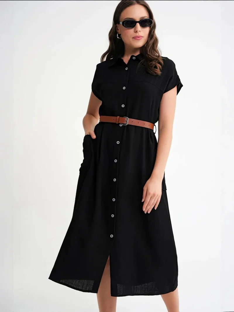 ميكسراي فستان ميدي ميكسراي بحزام وزر عند الياقة