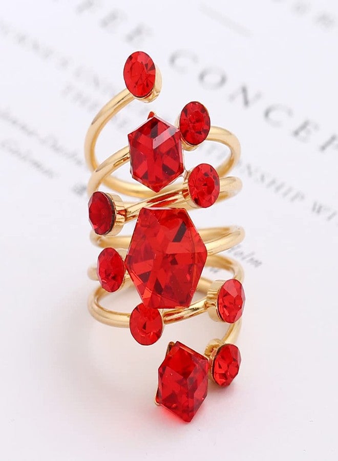 OIDIMS Big CZ Crystal Statement Wedding Ring for Women Birthstone Cubic Zirconia Balls Fashion Spring Gemstone Open Band Wrap Birthday Cocktail Party Ring Comfort Fit Dainty Jewelry Gifts(Red) - Image 3
