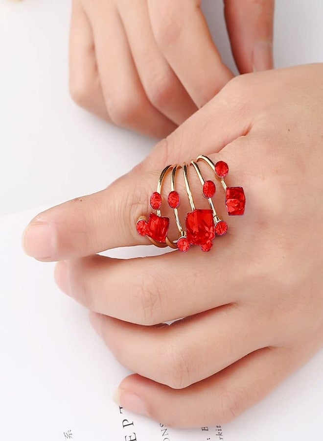 OIDIMS Big CZ Crystal Statement Wedding Ring for Women Birthstone Cubic Zirconia Balls Fashion Spring Gemstone Open Band Wrap Birthday Cocktail Party Ring Comfort Fit Dainty Jewelry Gifts(Red) - Image 2