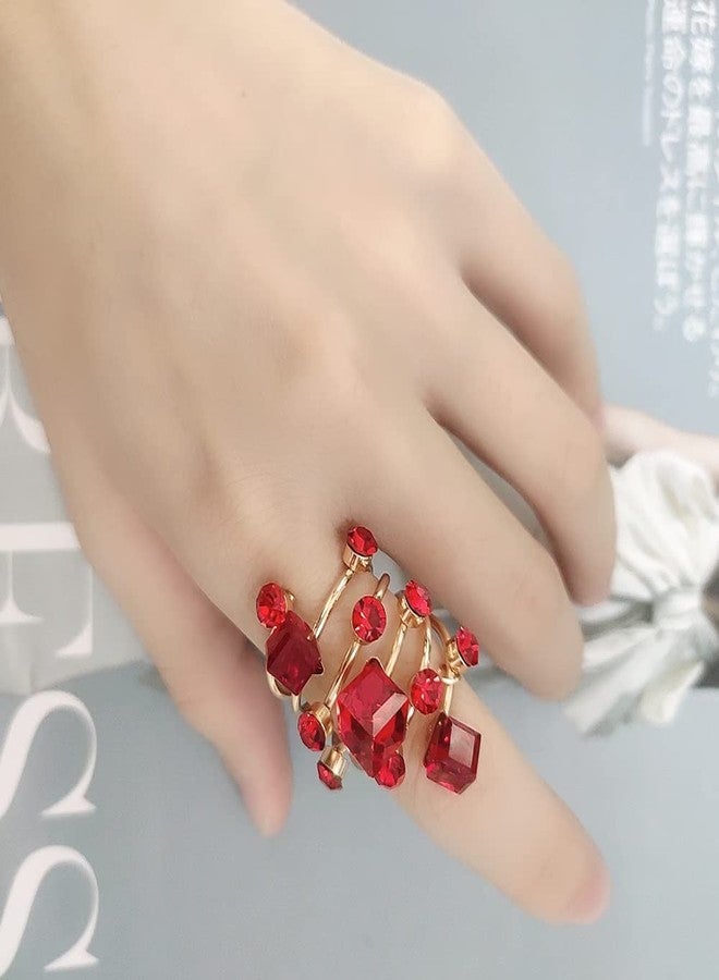 OIDIMS Big CZ Crystal Statement Wedding Ring for Women Birthstone Cubic Zirconia Balls Fashion Spring Gemstone Open Band Wrap Birthday Cocktail Party Ring Comfort Fit Dainty Jewelry Gifts(Red) - Image 4