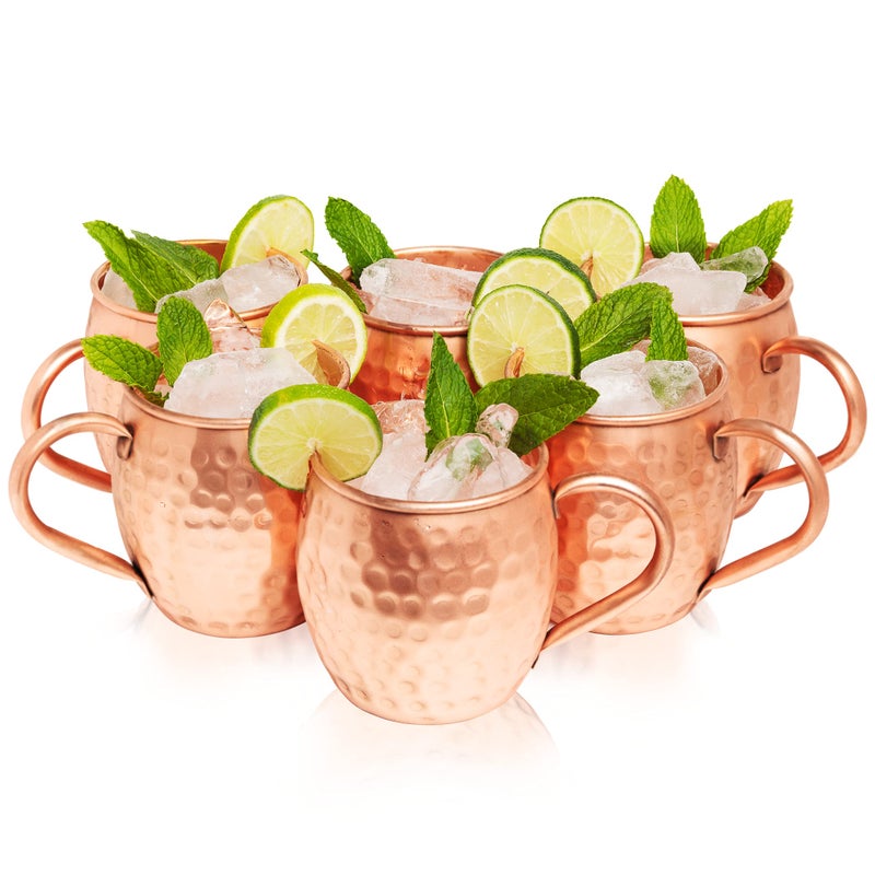 Kitchen Science Moscow Mule Copper Mugs Set of 6 16oz  Food Grade 100 Pure Copper Cups  Handcrafted wLacquered Hammered Finish Smooth Rounded Lip Ergonomic Handle No Rivet wSolid Grip