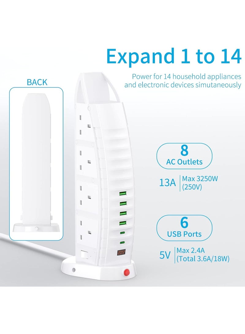 وصلة تمديد برجية مع سلك تمديد USB 8 منافذ 6 منافذ USB 3.6 امبير مقبس تمديد متعدد القابس 2 متر مع مفاتيح، شريط طاقة عمودي - Image 2