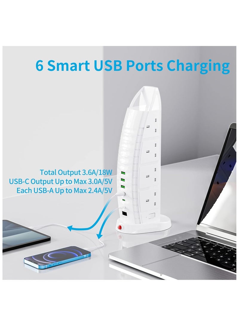 وصلة تمديد برجية مع سلك تمديد USB 8 منافذ 6 منافذ USB 3.6 امبير مقبس تمديد متعدد القابس 2 متر مع مفاتيح، شريط طاقة عمودي - Image 3