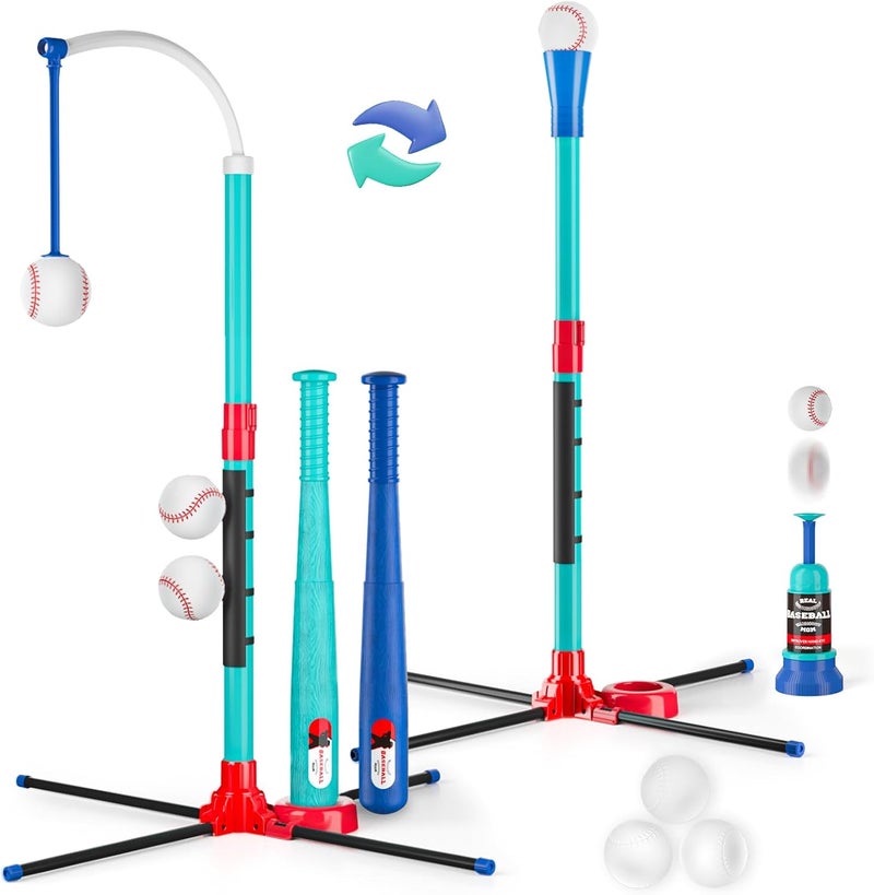 Handwell 3-in-1 T Ball Set for Kids: Hanging Batting Tee + T Ball Stand Set Auto BaseBall Launcher for Toddlers & Youth Adjustable Height with 2 Bats 6 balls Outdoor&Indoor Toys Sports Gifts for 3-12 years old - Image 1