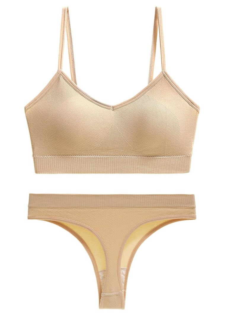 Loquat Women's Solid Color Lingerie Set 2-piece Seamless Wireless Bra+Low Waisted Thong Shorts Sport Suit Beige
