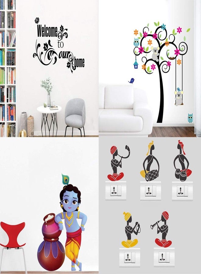 Walltech مجموعة ملصقات جدارية من Walltech مكونة من 4 قطع: زينة ترحيبية على شكل كرمة (76 × 46 سم)، شجرة لطيفة مع زهور وحيوانات (92 × 102 سم)، ماخانشور (60 × 40 سم)، فرقة موسيقية شعبية (11 × 15 سم) - مصنوعة من الفينيل - Image 1