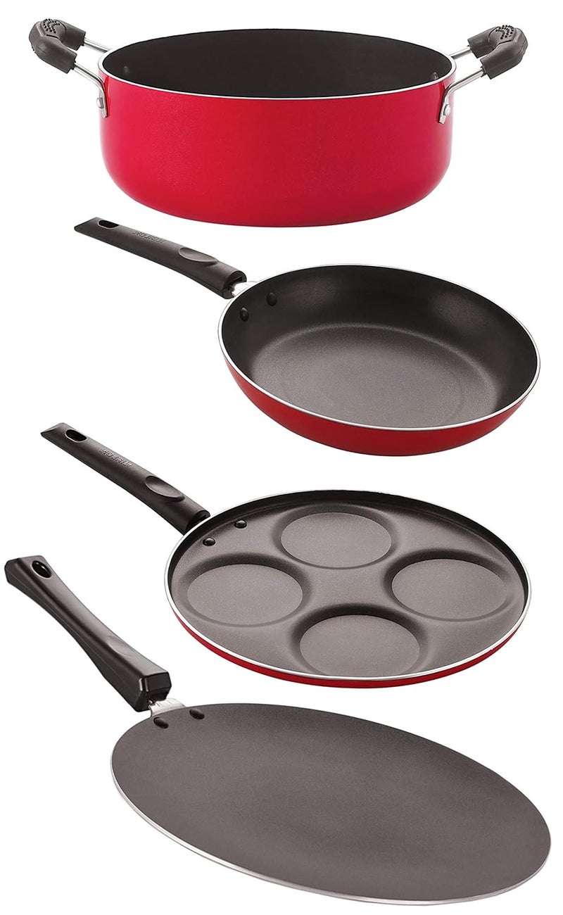 Nirlon Nonstick Kitchenware Kitchen Cooking Utencil Gift 4 Pieces Set (Concave Tawa 27.5cm + Tapper Pan 1 LTR + Uttapam 4 Cavity + Casserole 3.1 LTR) (CT11_TP22_UP4_CS24) - Image 1