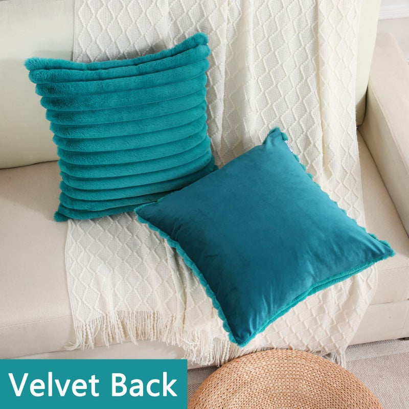 FUTEI TEAL GREEN MAND STRINESITION COPOLOW COVERS 24 × 24 بوصة مجموعة من 2 ربيع مربع الأريكة الأريكة EURO PANDIN - Image 2