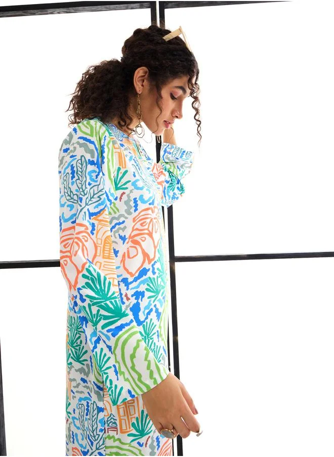 SASSAFRAS All Over Print Notch Neck Maxi Dress by Styli