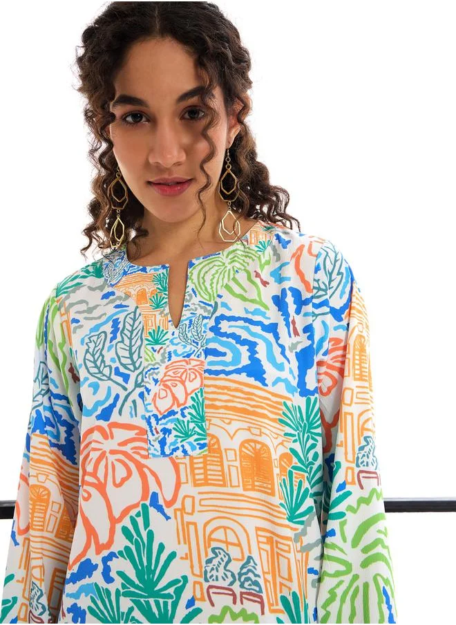 SASSAFRAS All Over Print Notch Neck Maxi Dress by Styli