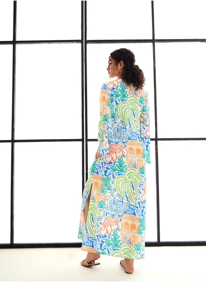 SASSAFRAS All Over Print Notch Neck Maxi Dress by Styli