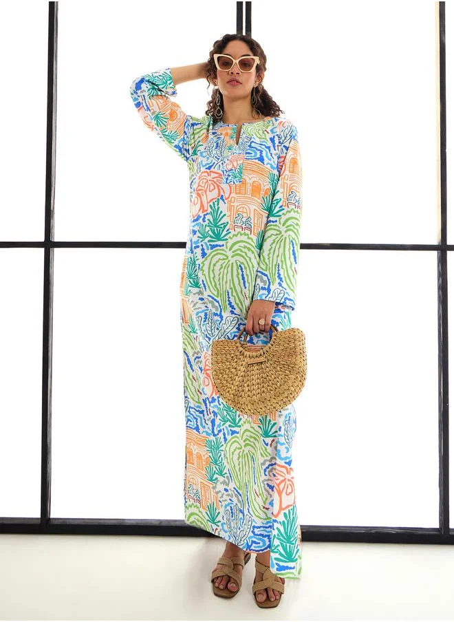 SASSAFRAS All Over Print Notch Neck Maxi Dress by Styli