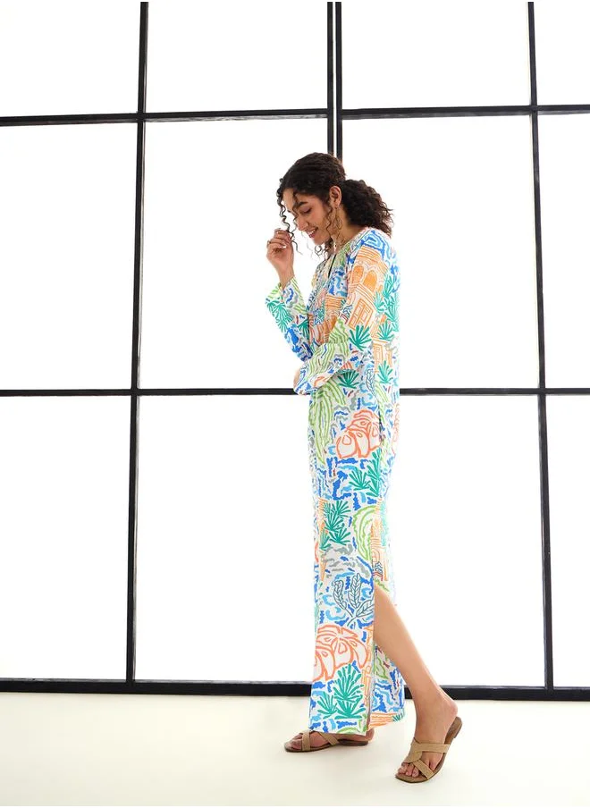 SASSAFRAS All Over Print Notch Neck Maxi Dress by Styli