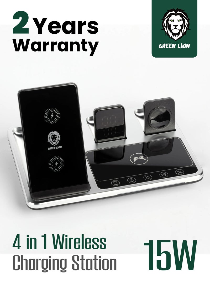 GREEN LION 4 in 1 Wireless Charging Station / Built-In Safety / Innovative Design / Charge Three Devices at Once / Fast Charging / Digital Clock / One Touch Automatic Lift - Grey - Image 1