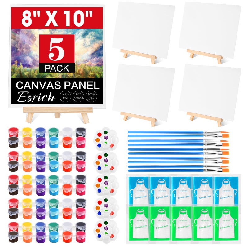 ESRICH 5 Pack 8x10 Canvas and Easel Set, Mini Acrylic Paint, Paint Brushes, Palettes, Aprons, Sip and Paint Kits for Adults Couples Friends Date Night Painting Party Supplies - Image 1