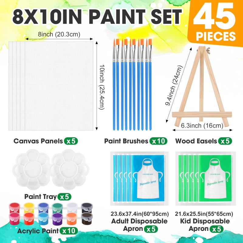 ESRICH 5 Pack 8x10 Canvas and Easel Set, Mini Acrylic Paint, Paint Brushes, Palettes, Aprons, Sip and Paint Kits for Adults Couples Friends Date Night Painting Party Supplies - Image 2