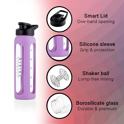 Asbirg Fitness | 24 oz Glass Protein Shaker Bottle – BPA-Free, Leakproof Lid, Stainless Steel Mixing Ball & Silicone Sleeve – Gym Shaker for Smoothies, Shakes & Pre-Workout – Pastel Purple - Image 2