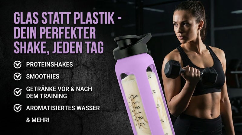 Asbirg Fitness | 24 oz Glass Protein Shaker Bottle – BPA-Free, Leakproof Lid, Stainless Steel Mixing Ball & Silicone Sleeve – Gym Shaker for Smoothies, Shakes & Pre-Workout – Pastel Purple - Image 3