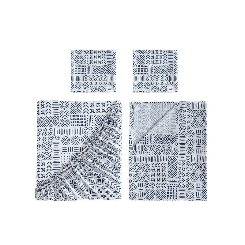 Indigo Ink Indigo Ink - Queen Size Sheet Set  4-Piece Boho Geometric Patterned Bedding  Soft & Wrinkle Resistant (White Denim Collection  Navy Blue)  - Image 4