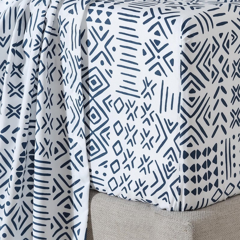 Indigo Ink Indigo Ink - Queen Size Sheet Set  4-Piece Boho Geometric Patterned Bedding  Soft & Wrinkle Resistant (White Denim Collection  Navy Blue)  - Image 5