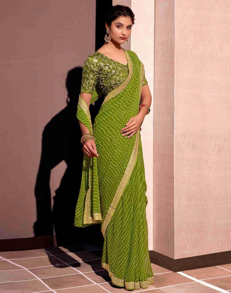 Shiv Textiles Women's Georgette Leheriya & Lace Border Saree(SAT-532S-MEHENDI GREEN) - Image 2