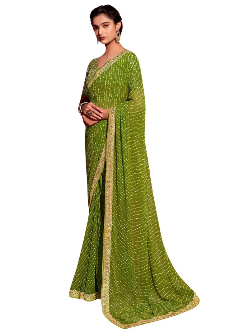 Shiv Textiles Women's Georgette Leheriya & Lace Border Saree(SAT-532S-MEHENDI GREEN) - Image 1