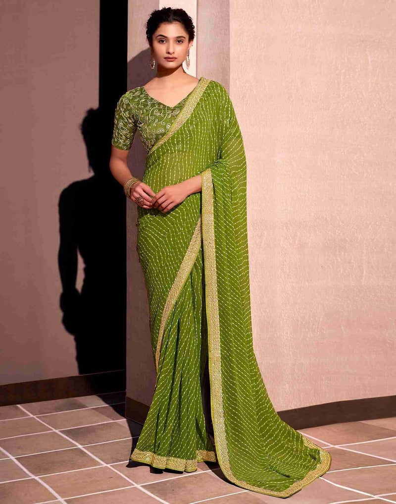 Shiv Textiles Women's Georgette Leheriya & Lace Border Saree(SAT-532S-MEHENDI GREEN) - Image 4