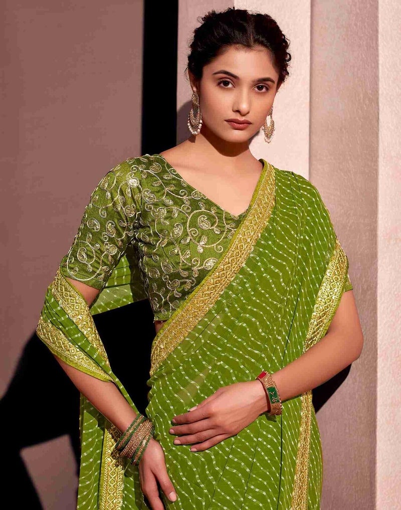 Shiv Textiles Women's Georgette Leheriya & Lace Border Saree(SAT-532S-MEHENDI GREEN) - Image 5