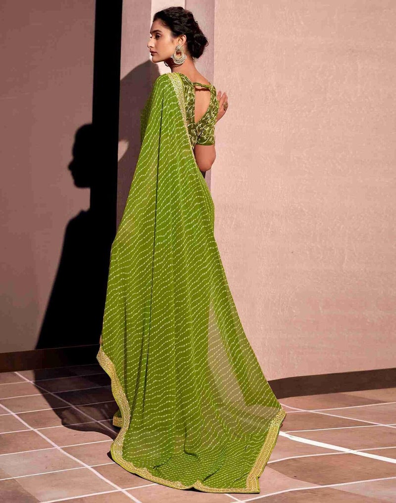 Shiv Textiles Women's Georgette Leheriya & Lace Border Saree(SAT-532S-MEHENDI GREEN) - Image 3