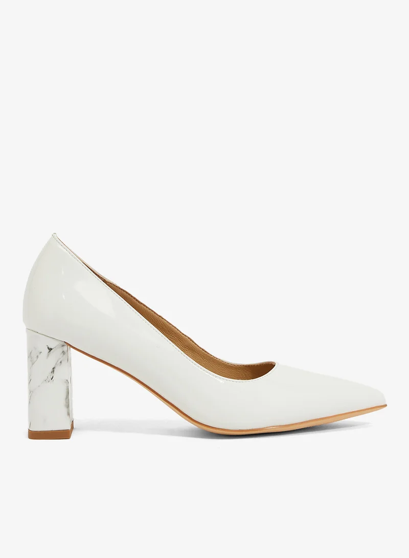 ELLA White patent pump with marble block heel, pointed toe