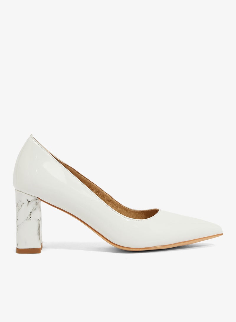 ELLA White patent pump with marble block heel, pointed toe - Image 1