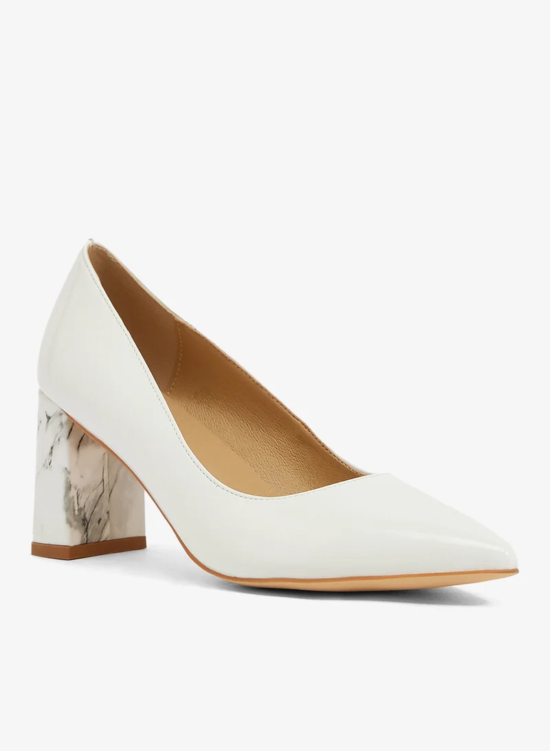 ELLA White patent pump with marble block heel, pointed toe