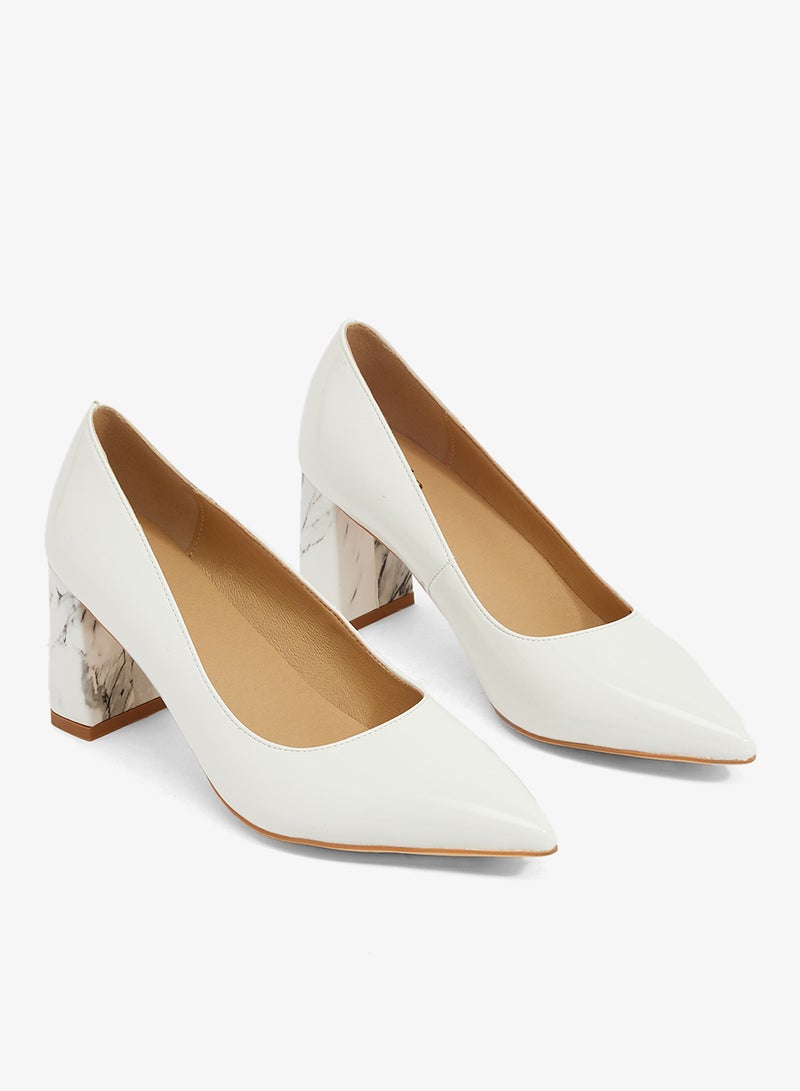 ELLA White patent pump with marble block heel, pointed toe - Image 4