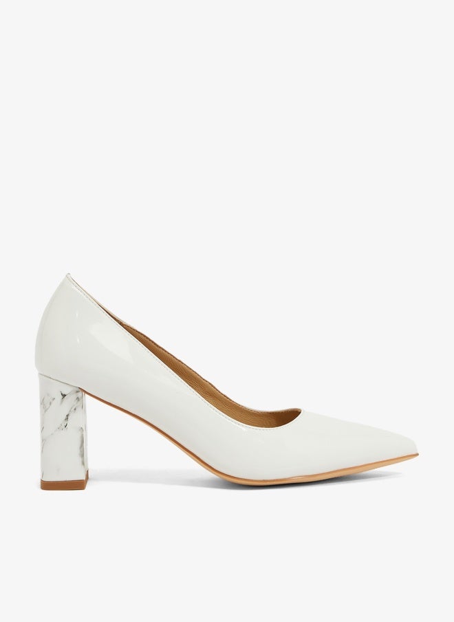ELLA White patent pump with marble block heel, pointed toe - Image 1