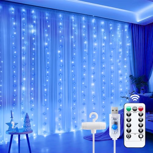 Minetom Curtain Lights, 300 LED Dimmable Fairy Lights with Remote and Timer, 8 Modes, USB Powered String Lights for Room Wall Party Xmas Indoor Decor, Blue & White - Image 1