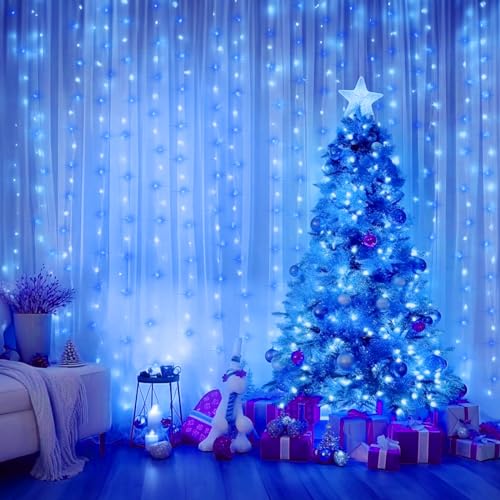 Minetom Curtain Lights, 300 LED Dimmable Fairy Lights with Remote and Timer, 8 Modes, USB Powered String Lights for Room Wall Party Xmas Indoor Decor, Blue & White - Image 2