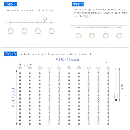 Minetom Curtain Lights, 300 LED Dimmable Fairy Lights with Remote and Timer, 8 Modes, USB Powered String Lights for Room Wall Party Xmas Indoor Decor, Blue & White - Image 5