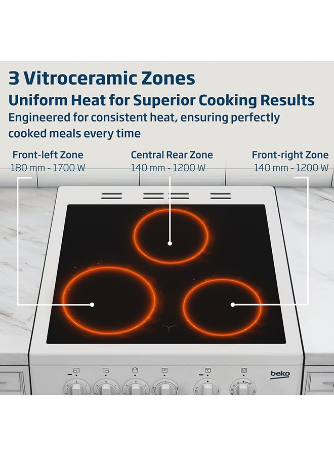 Beko 50x50cm Freestanding Ceramic Electric cooker, 3 Cooking Zones, 4 Cooking Multifunction Oven, A+ Energy Rating, Steam Shine Cleaning, Halogen Illumination, Only Manual Without Standard Plug Inside The Box CSS48100GW White - Image 3