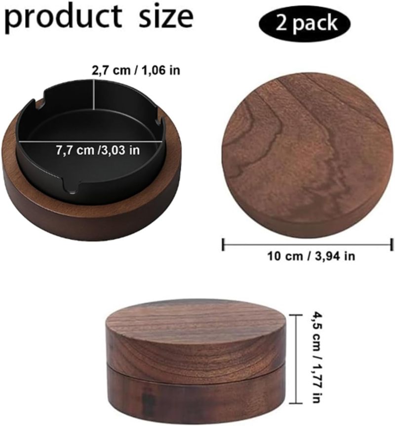 Windproof Ashtray: 2pcs Solid Walnut Wood - Odor-containing Lid Covered Ashtray for Home Office Outdoor Bar - Image 2
