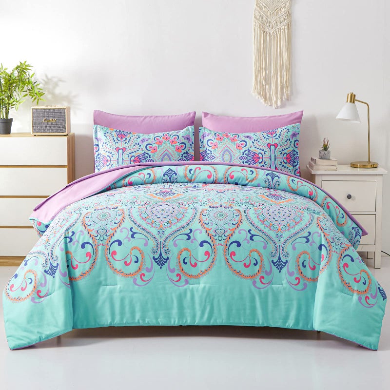 DHSFKBE Queen Comforter Set, 7 Piece Bed in a Bag, Boho Aqua and Lilac Damask Medallion Print Comforter with Sheets, Soft Microfiber Complete Bedding Set for All Season (Aqua, Queen) - Image 1