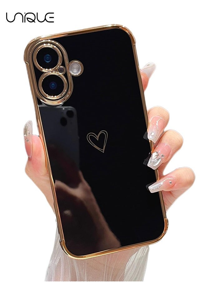 Unique Compatible with iPhone 16 Case，Love Heart Plating Electroplate Elegant Case Camera Protector Soft TPU Shockproof Protective Back Cover iPhone 16 Case - Black  - Image 1